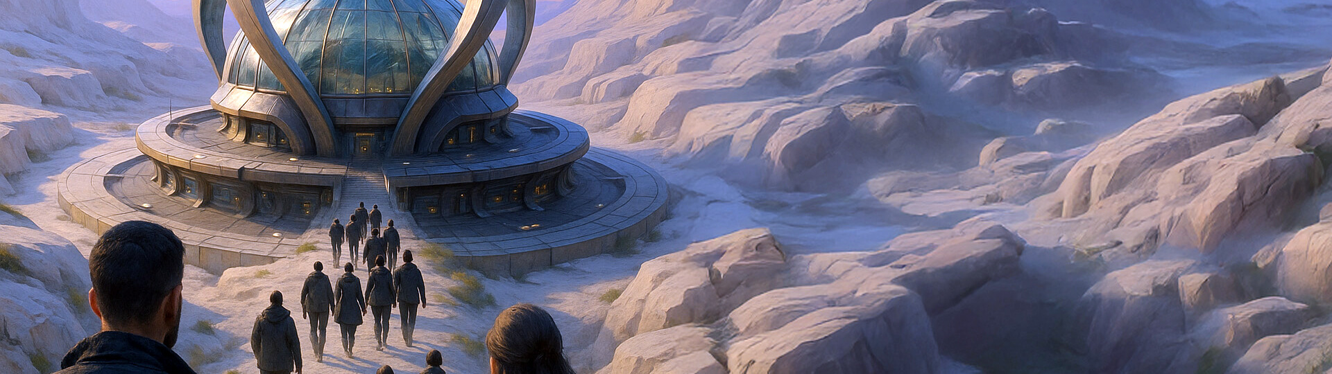 Mehrere Menschen gehen auf ein Gebäude in einer steinigen Landschaft zu