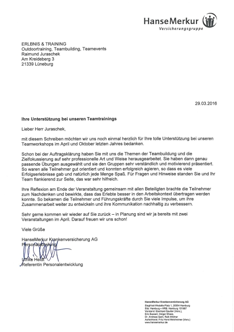 Referenzschreiben von HanseMerkur