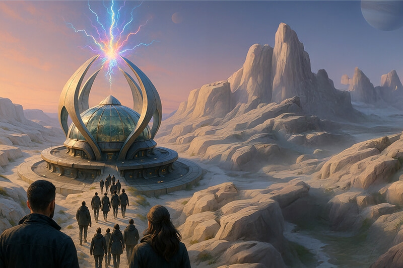 Mehrere Menschen gehen auf ein Gebäude in einer steinigen Landschaft zu